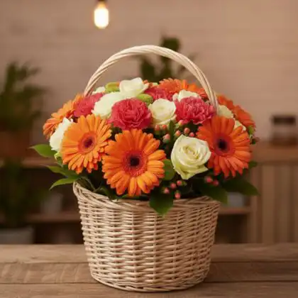 Luxury roses and gerbera daisy bouquets with orange petals and cream blooms in a premium gift basket.