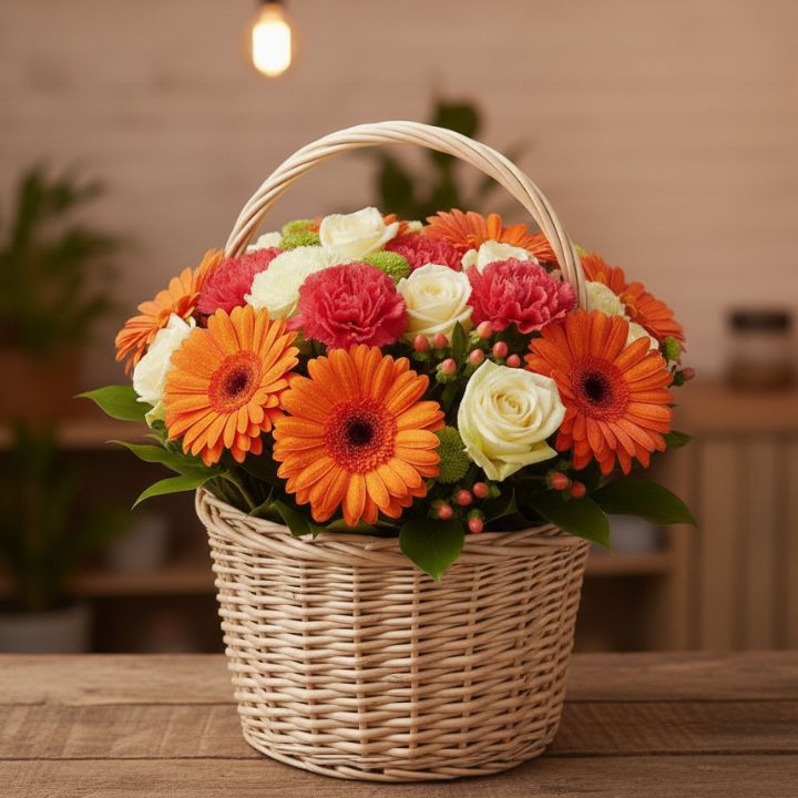 Vibrant Harvest Rose & Gerbera Basket 1 Luxury roses and gerbera daisy bouquets with orange petals and cream blooms in a premium gift basket.