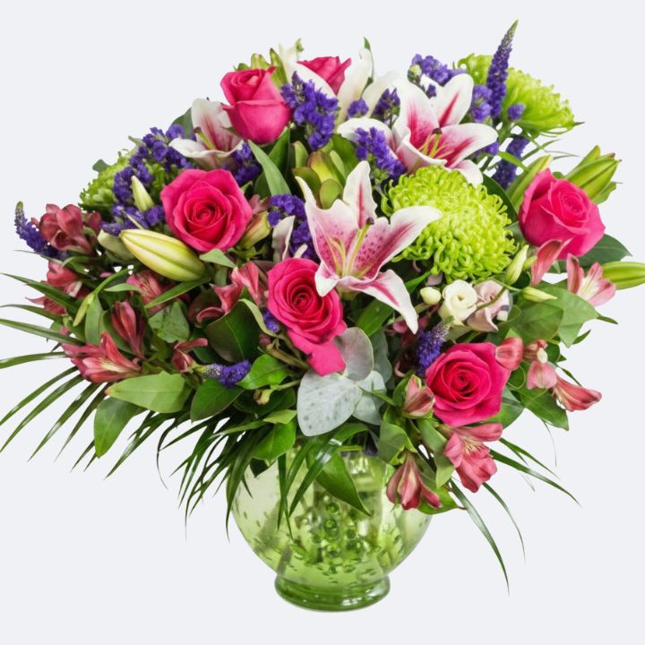 Radiant Bloom: Luxe Roses and Lilies Vase Arrangement 1 A beautiful arrangement of fresh pink roses and lilies vase placed on a table for interior decoration.