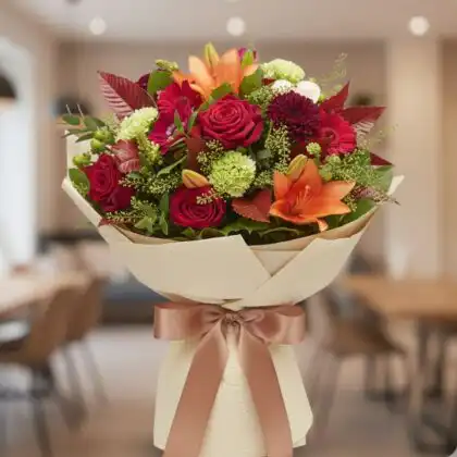 A hand-tied lilies and roses bouquet with red roses and orange lilies wrapped in cream textured paper.