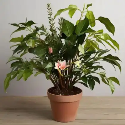 A vibrant amaryllis plant with soft peach petals blooming in a modern indoor pot.