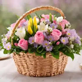 Flower Basket with Fresh Tulips and Roses