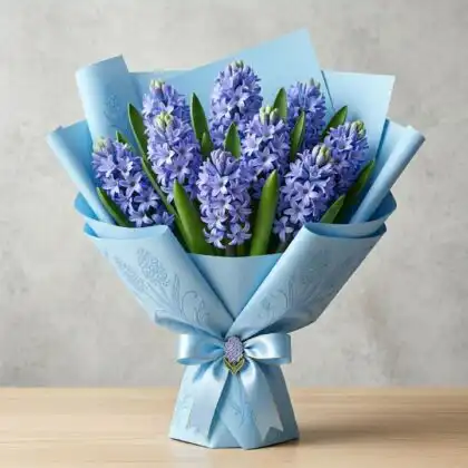 A fragrant hyacinth flower bouquet featuring vibrant blue blooms wrapped in organic kraft paper for a fresh spring look.