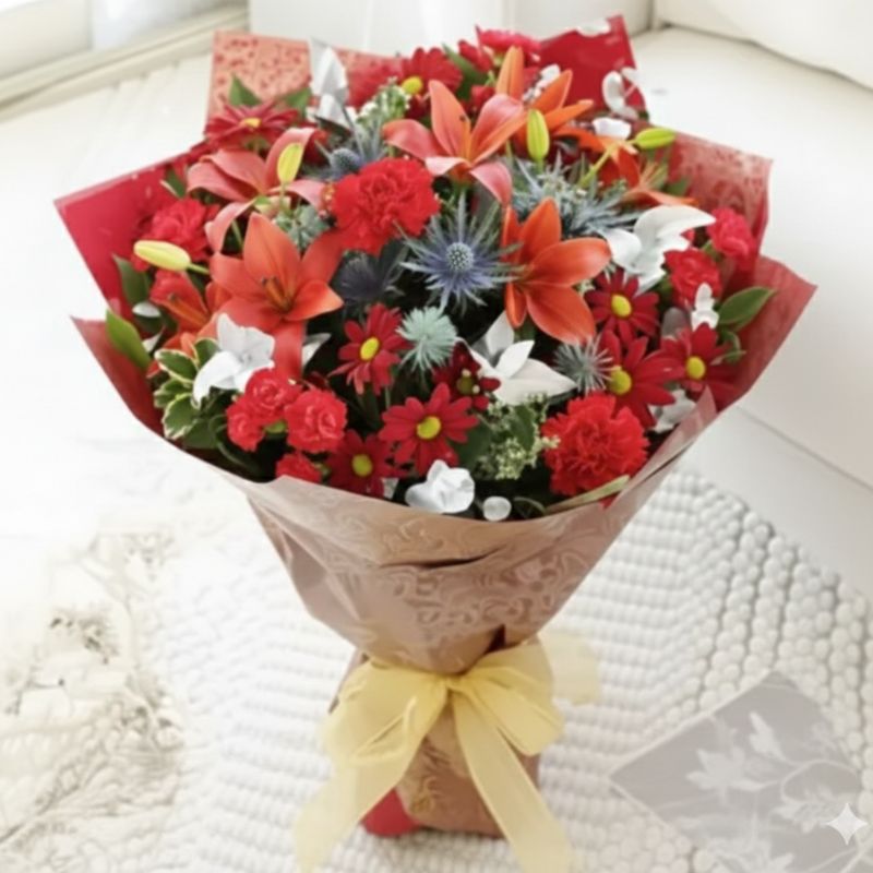 The Vibrant Orange Lily Bouquet 1 A beautiful orange lily bouquet in a decorative wrap, showcasing vibrant petals and fresh greenery.