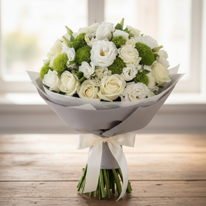 White Lisianthus and Rose Garden Bouquet 1 A hand-tied bridal bouquet featuring elegant white lisianthus and carnations mixed with cream roses.