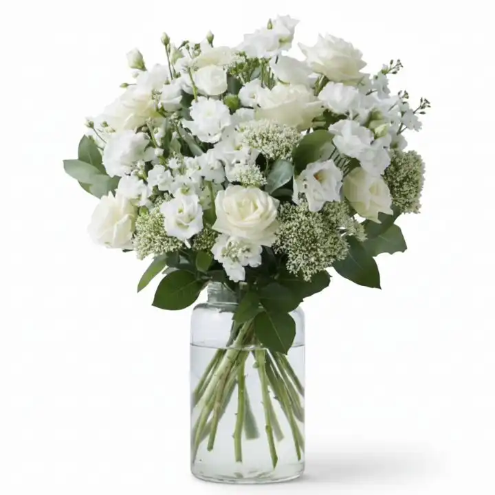 Luxury White Rose & Lisianthus Bouquet 1 Handcrafted white rose and lisianthus bouquet in a clear glass vase for a luxury gift.