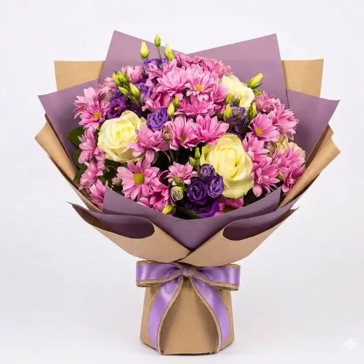 White rose & chrysanthemum bouquet 1 A hand-tied chrysanthemums flower bouquet featuring soft pink blooms paired with elegant white roses in a stylish wrap.