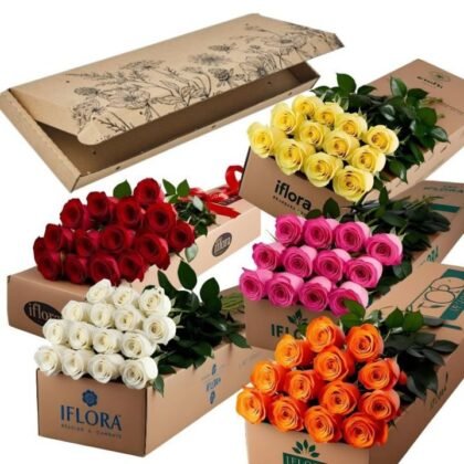 Hand-arranged 12 red roses bouquet with green foliage presented in a classic cardboard gift box.