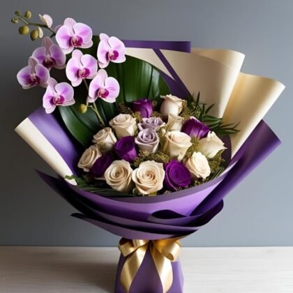 Purple Orchid and Rose Bouquet Delivery UK – Elegant Hand-Tied Floral Gift