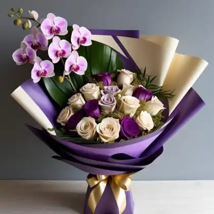 Purple Orchid and Rose Bouquet Delivery UK – Elegant Hand-Tied Floral Gift