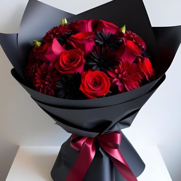 Elegant red rose black wrap bouquet with premium fresh roses, perfect for gifting.