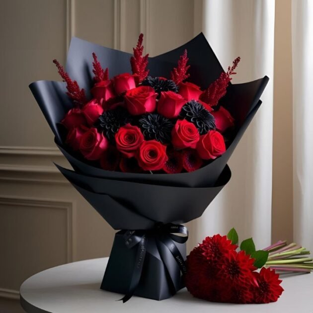 Red rose black wrap bouquet with fresh, vibrant roses in elegant black wrapping