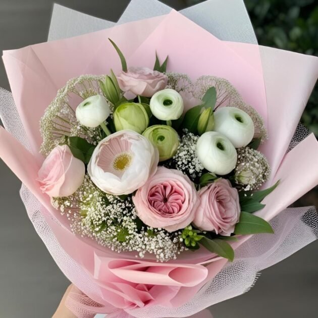 Pink and White Ranunculus Bouquet arranged with fresh, hand-tied blooms