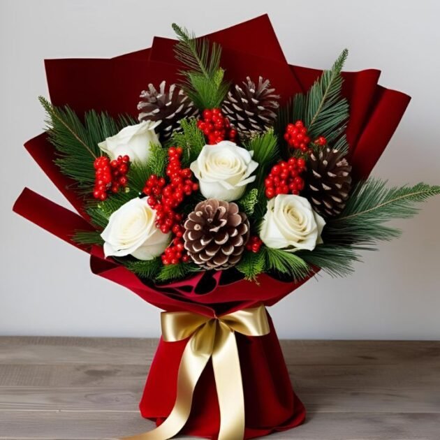 White Rose Christmas Bouquet with hand-tied roses and festive foliage