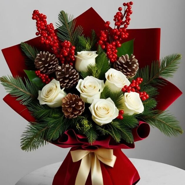 White Rose Christmas Bouquet with festive greenery and hand-tied white roses