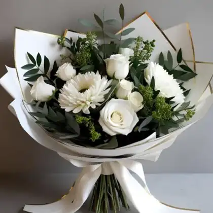 White Rose and Gerbera Bouquet featuring fresh hand-tied blooms