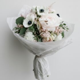 White Anemone and Peony Silk-Wrapped Bouquet