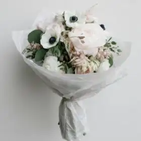 White Anemone and Peony Silk-Wrapped Bouquet
