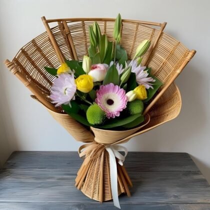 Hand-tied luxury white poinsettia christmas tree bouquet featuring pink, yellow, and white fresh blooms in a unique rattan fan wrap.