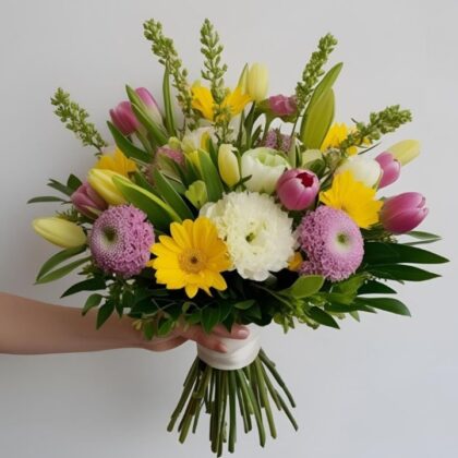 Luxury gerbera and tulip bouquets arranged with fresh greenery in a soft pink matte-finish gift box