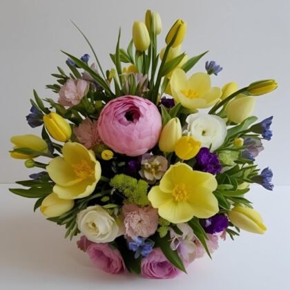 A vibrant Tulip and Peony Bouquet featuring fresh yellow tulips, pink peonies, and purple accents in a luxury arrangement.