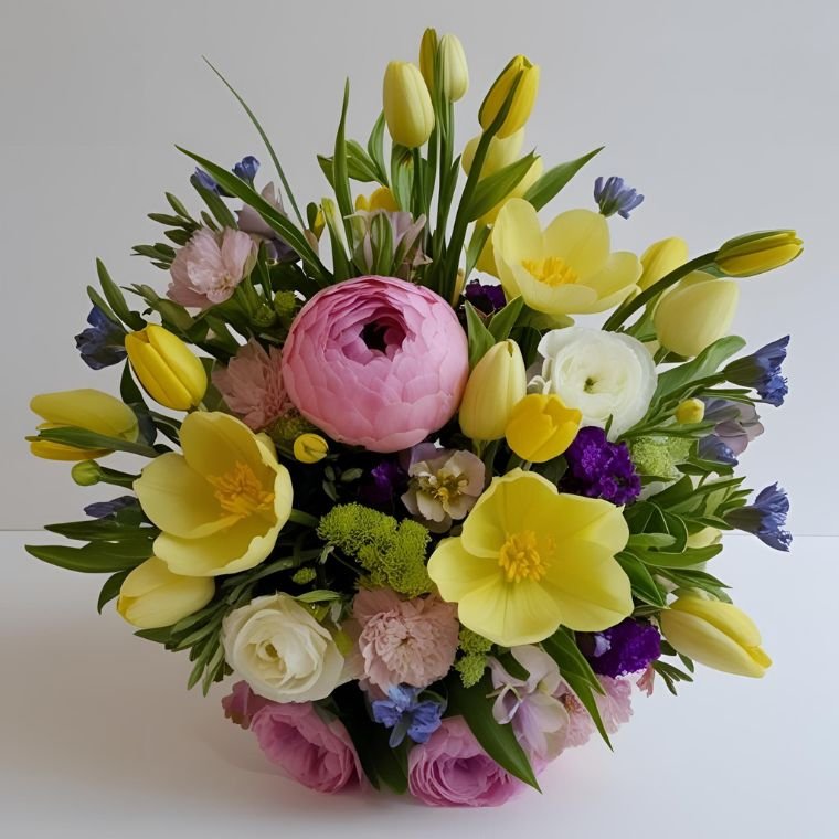 Luxury Peony & Yellow Tulip Spring Bouquet 1 A vibrant Tulip and Peony Bouquet featuring fresh yellow tulips, pink peonies, and purple accents in a luxury arrangement.