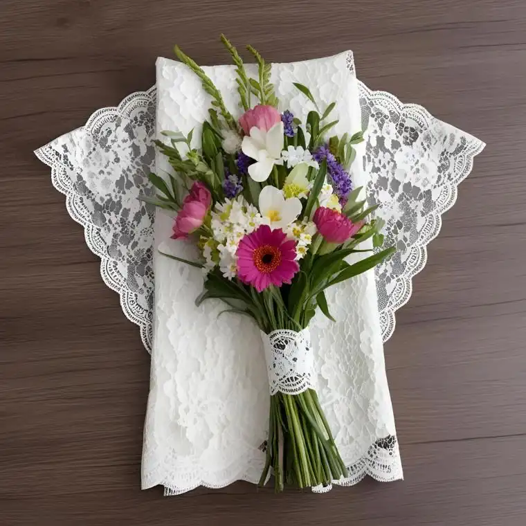 Enchanting Grace: Hand-Tied Lily, Gerbera & Lavender Bouquet 1 Hand-tied Lily and Gerbera daisy Bouquet with pink petals and lavender sprigs wrapped in elegant white lace.