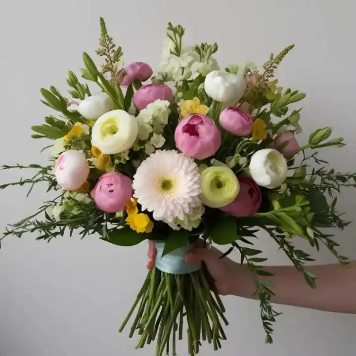 Pastel Bliss Ranunculus Peony Bouquet 1 A lush ranunculus and peony bouquet featuring soft pink and white petals arranged with green foliage.