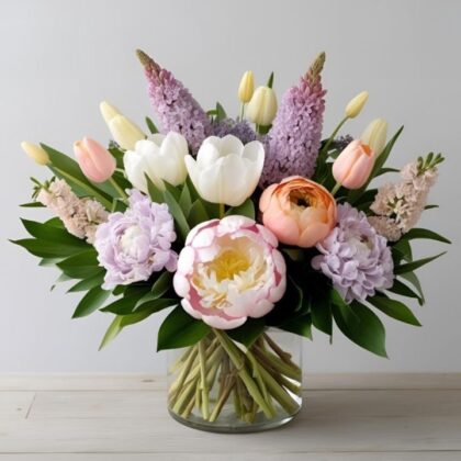 A hand-held peony tulips bouquet featuring soft pink and white ruffled petals with green foliage.
