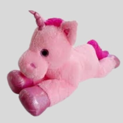 This is a Giant Unicorn Teddy Bear plush toy in pink, lying down. It features a bright pink mane, tail, and shimmering hooves, making it an ideal large stuffed animal gift for birthdays or holidays.