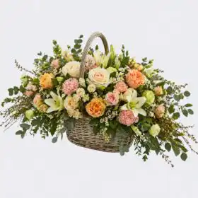 Rustic Peach Wicker Basket Funeral Flower