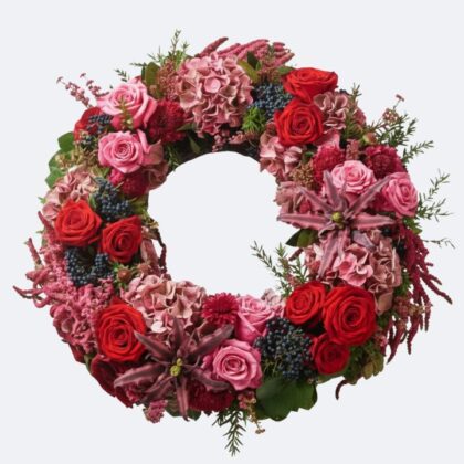 Autumn Berry Wreath with white Phalaenopsis Orchid for luxury fall home décor.