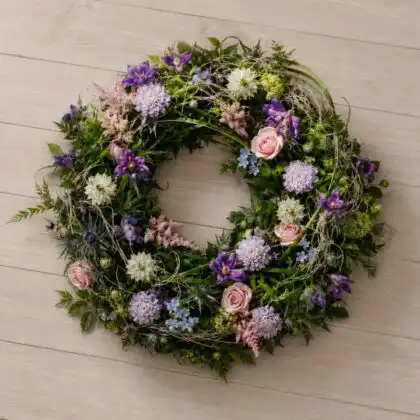 Pink Rose and Purple Clematis Wildflower Wreath with Scabiosa , Astrantia , Thistle