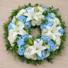 Serene Blue & White Hydrangea Memorial Wreath With Lilies