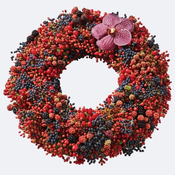 Luxury Autumn Berry Wreath with Phalaenopsis Orchid 1 Autumn Berry Wreath crafted from a diverse mix of vibrant red and deep blue berries, accented with a single striking magenta Phalaenopsis orchid, suitable for luxury seasonal home decoration.