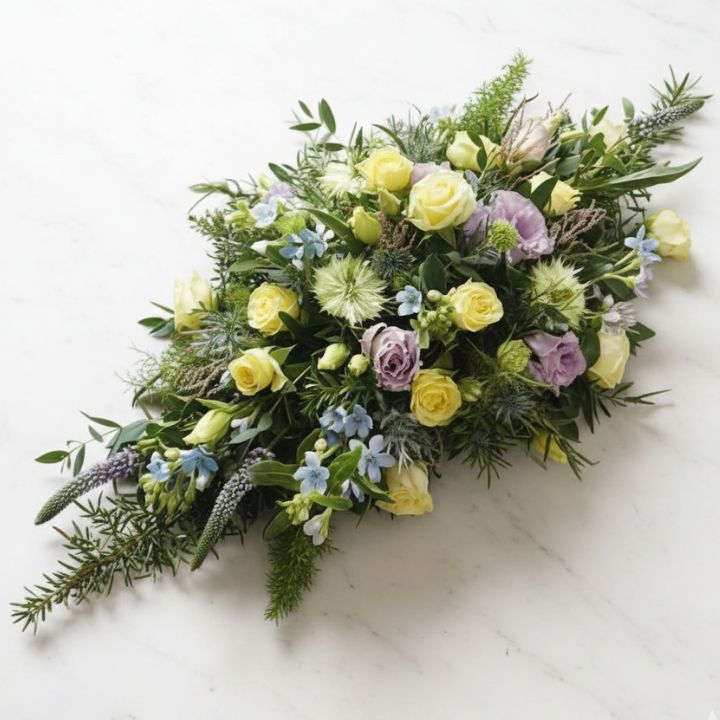 Small Coffin Spray with Yellow Rose 1 Beautiful Small Coffin Spray featuring yellow roses, lilac lisianthus, and mixed seasonal greenery for a heartfelt funeral tribute.