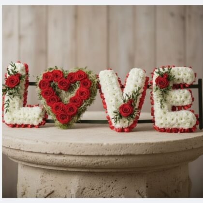 Tribute love Letter made of fresh red roses and white chrysanthemums on a stone pedestal.