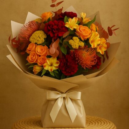 A stunning Autumn blaze hand tied Bouquet with sunflowers, orange/red roses, blue thistle, and yellow oak leaves against a dark background.