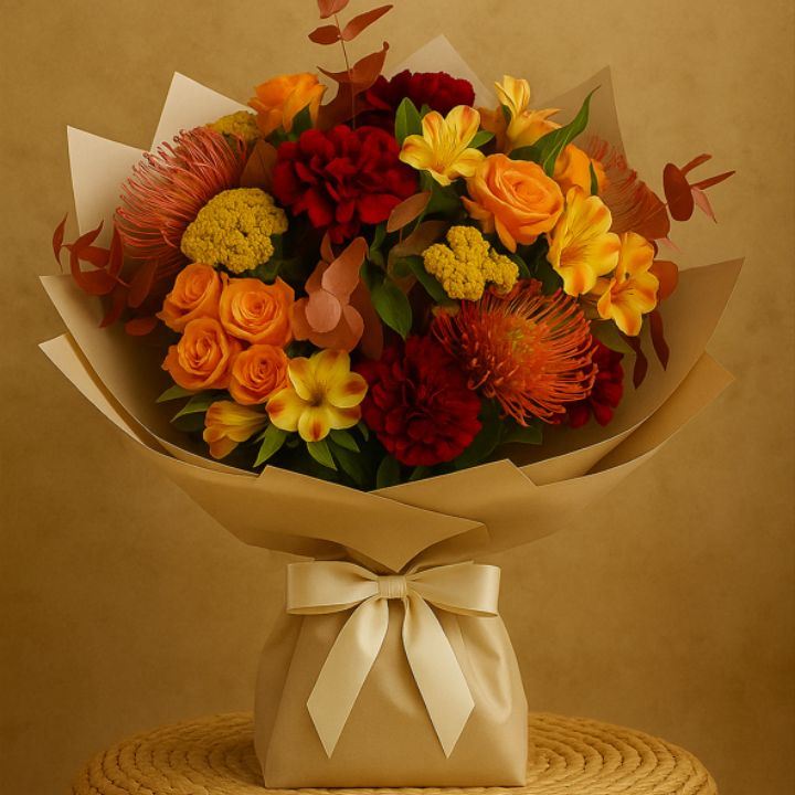 Autumn blaze hand tied 1 A stunning Autumn blaze hand tied Bouquet with sunflowers, orange/red roses, blue thistle, and yellow oak leaves against a dark background.