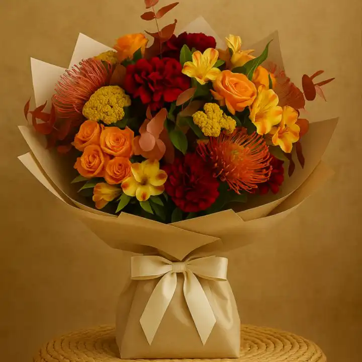 Autumn blaze hand tied 1 A stunning Autumn blaze hand tied Bouquet with sunflowers, orange/red roses, blue thistle, and yellow oak leaves against a dark background.