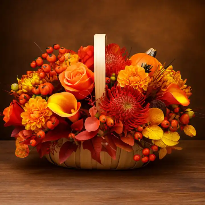 Autumn Fields Basket Arrangement 1 A vibrant, rustic Autumn fields basket arrangement featuring orange roses, calla lilies, chrysanthemums, protea, berries, and mini pumpkins.