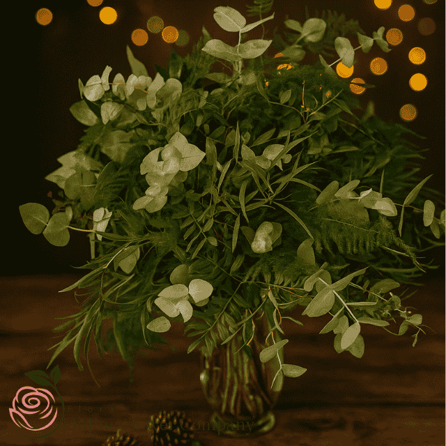 Cut foliage vases for Christmas decorations 1 Elegant green cut foliage vases featuring assorted greenery, perfect for Christmas décor and festive table displays