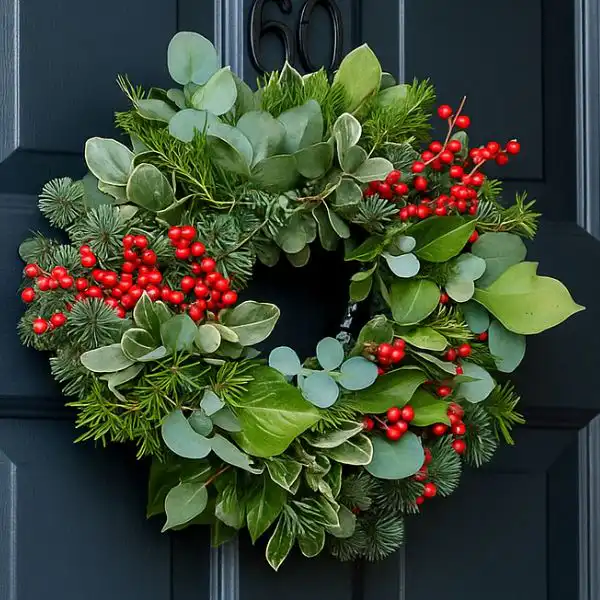 Christmas Wreath With Red Berries 1 A traditional, beautifully crafted Christmas wreath with red berries and pinecones hanging on a wooden door, perfect for holiday decoration.