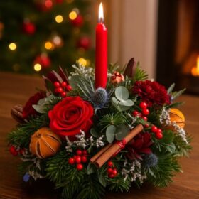 Christmas cracker floral candle arrangement