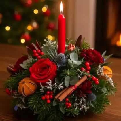 A festive Christmas cracker floral candle arrangement, featuring red roses, gold accents, winter foliage, and a decorative cracker.