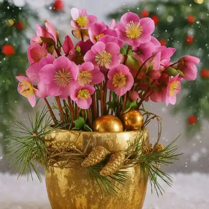 A luxurious gold pot containing vibrant pink Hellebores, decorated with gold pine cones and pine needles, ideal for Christmas floral arrangements for delivery.