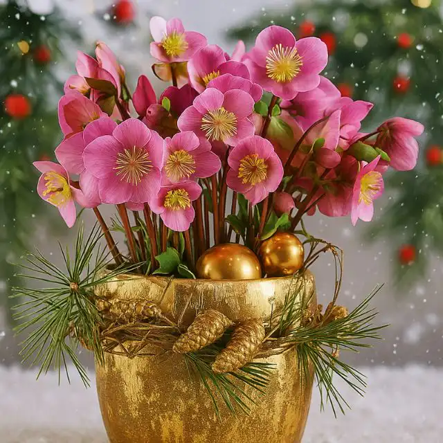A luxurious gold pot containing vibrant pink Hellebores, decorated with gold pine cones and pine needles, ideal for Christmas floral arrangements for delivery.