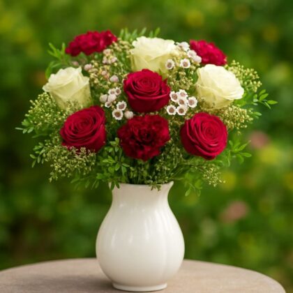 A classic Christmas Flower Vase Arrangement with red roses, white roses, a deep red carnation, and green foliage, displayed in a white ceramic vase. Christmas flowers in vase delivered for sales