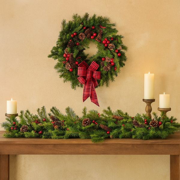 Christmas wreath and garland set 1 A coordinated Christmas wreath and garland set displayed together, featuring matching evergreen branches, red berries, and white lights.
