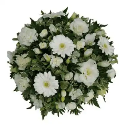 A round bouquet of white flowers including gerbera daisies, carnations, and buds with green leaves.